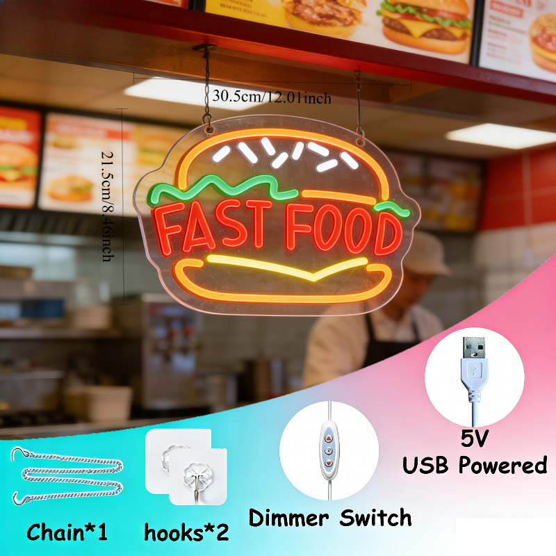 Fast Food Burger Neon Sign Art - Commercial Kitchen Windows のレビューと価格